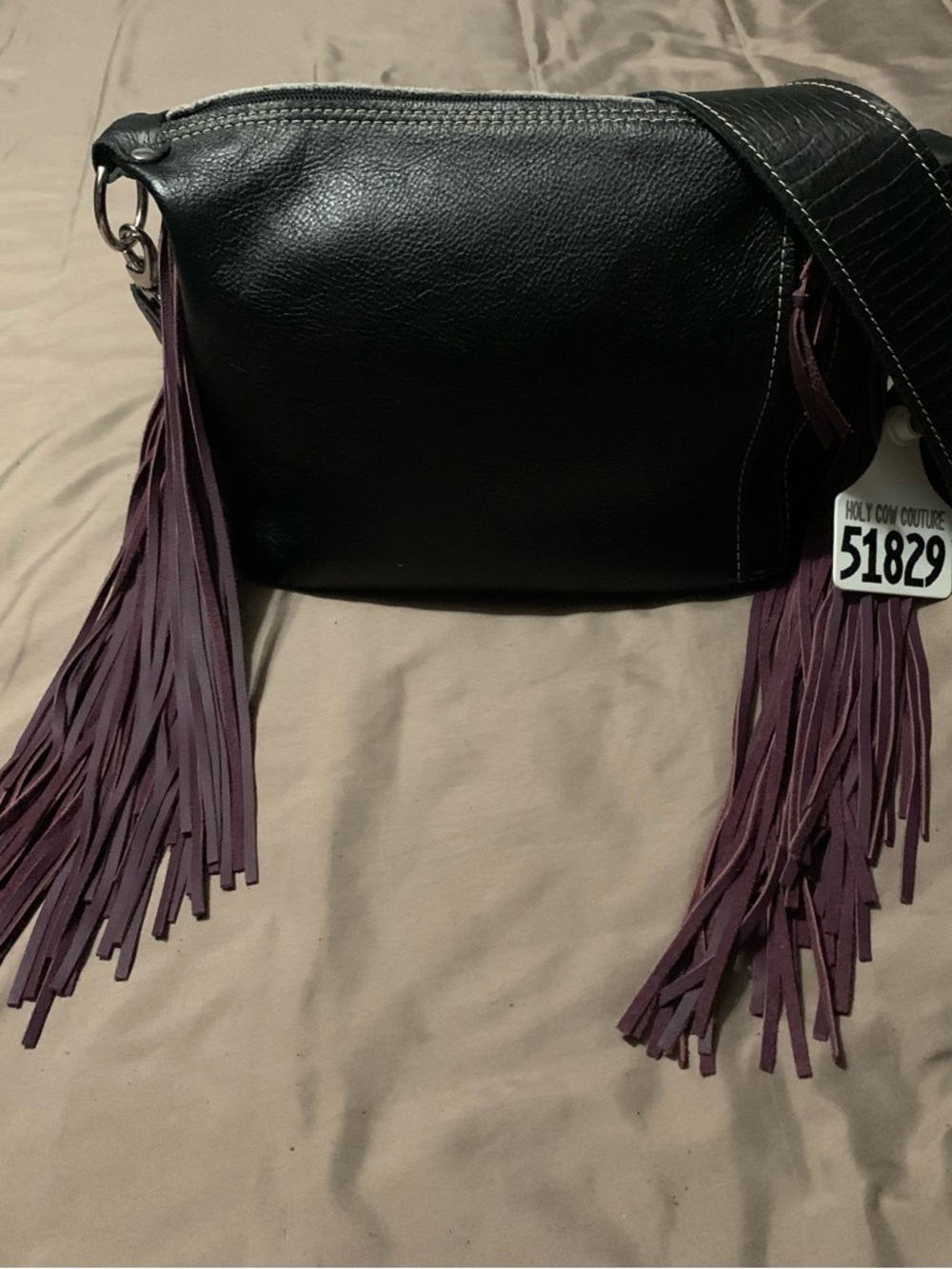 Holy Cow Couture mini designer, fringed in Black, White & Purple - Picture 4 of 6